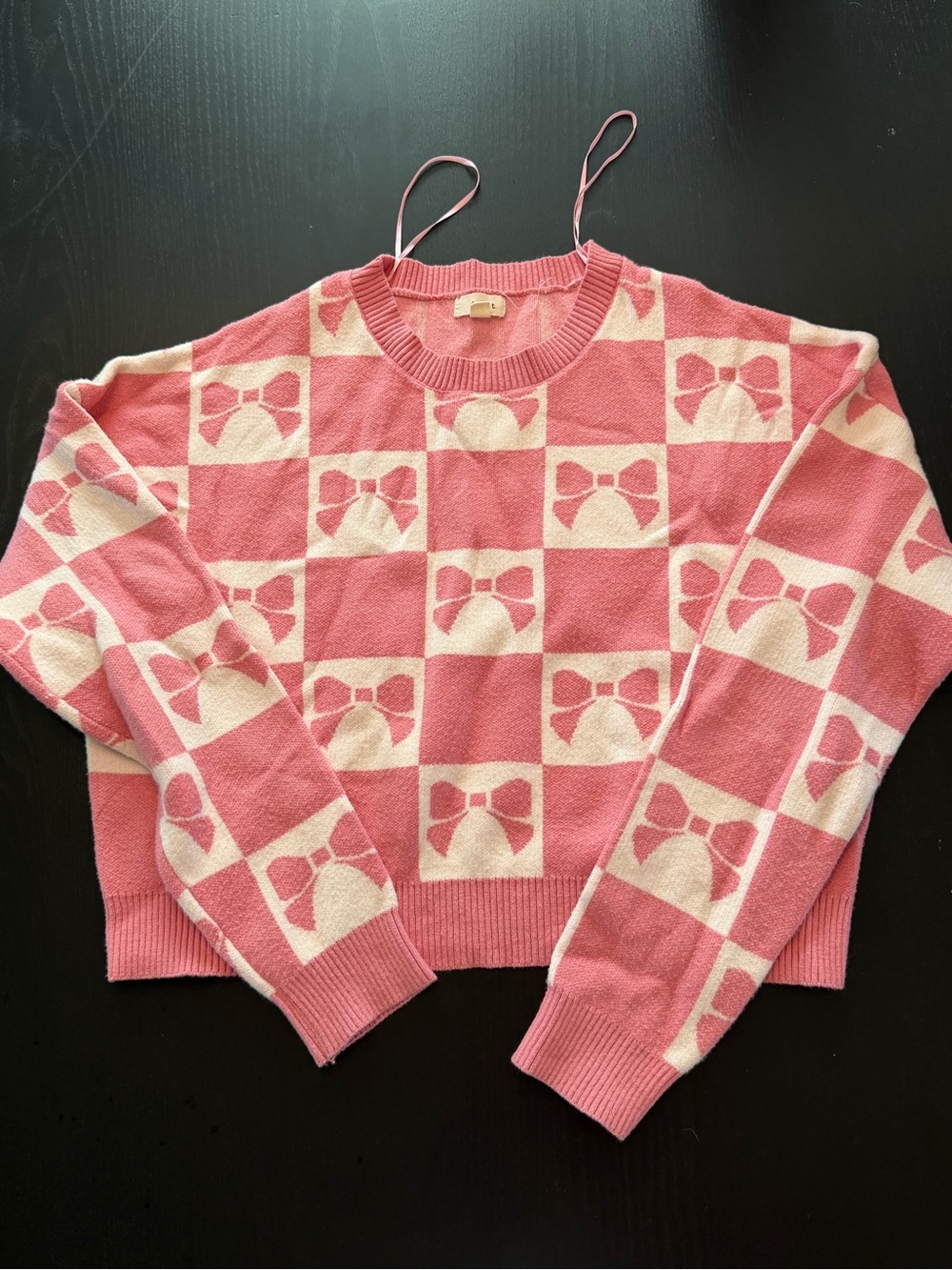 Pink Checkered Bow-Print Crewneck Cropped Sweater